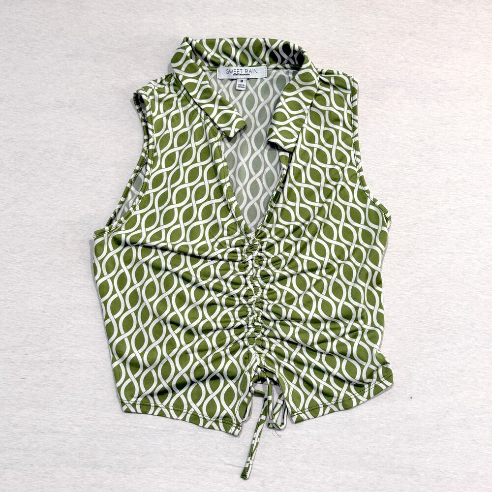 Sweet Rain Green Geometric Sleeveless Ruched Drawstring Top Size M